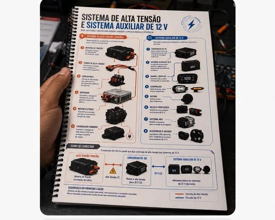 Mecánico consultando la página de sistema de alta tensión y sistema auxiliar de 12V