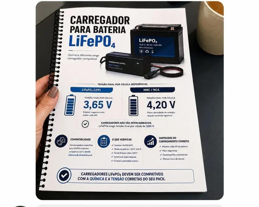 Mecánico consultando la página de cargador para batería LiFePO4