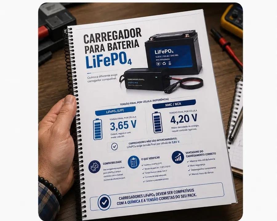 Mecánico consultando la página de cargador para batería LiFePO4 en otro taller
